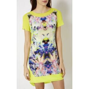 Karen Millen Acid Green Abstract Floral Silk T-Shirt Dress‎ Mini Size 6